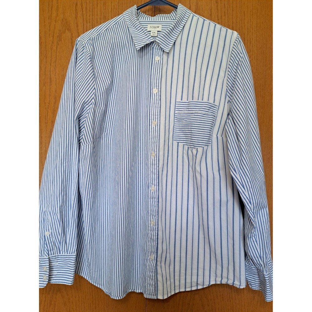 J. Crew Women's Cotton Stretch Blue Striped Button-Up Long Sleeve Shirt XXL